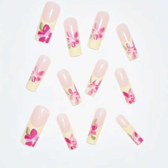 Yellow French Tip & Pink Floral Press On Nail Art Reusable Long Length NWT - Picture 5 of 8